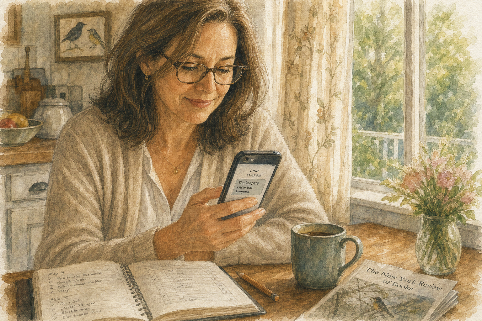 Patricia at the kitchen table in soft warm light, phone in hand, bird-sighting journal open beside her, Lisa's text visible on screen — "The keepers know the keepers."